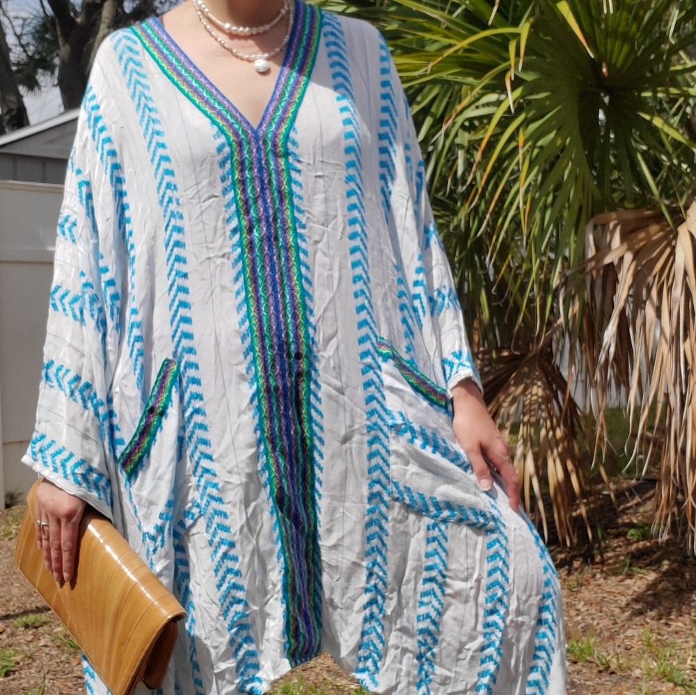 Pitusa Indian Caftan Blue and White Resortwear - Beach Style Summer Outfit